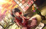  1girl architecture autumn autumn_leaves black_hair blunt_bangs brown_eyes day dutch_angle east_asian_architecture floral_print_kimono flower gerbera hair_ornament hime_cut holding holding_flower idolmaster idolmaster_cinderella_girls idolmaster_cinderella_girls_starlight_stage ikebana indoors japanese_clothes kimono kurokawa_chiaki long_hair long_sleeves looking_at_viewer nature obi official_art open_mouth orange_flower pink_flower ponytail red_flower red_kimono sash scissors seiza sitting sliding_doors smile solo tatami tree vase 