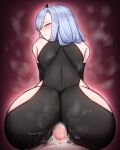  ass bent_over black_bodysuit black_gloves blush bodysuit buttjob censored closed_mouth clothed_sex clothing_cutout commentary cowboy_shot cum cum_on_ass elbow_gloves futa_with_female futanari genshin_impact gloves gradient_background grey_hair hair_ornament half-closed_eyes highres long_hair looking_at_viewer looking_back lumine_(genshin_impact) mosaic_censoring parted_bangs penis pov purple_eyes red_background rikuguma shenhe_(genshin_impact) simple_background smile solo_focus steaming_body thigh_cutout 