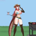  abs absurd_res american_flag_bikini animal_humanoid beef big_breasts breasts clothed clothing cowboy_hat dragon dragon_humanoid female food grill gun hair handgun hat headgear headwear hi_res horn humanoid kawaiiredpandas long_hair looking_at_viewer meat muscular muscular_female outside ranged_weapon red_hair revolver smile solo steak taco tail weapon yellow_eyes zentreya 