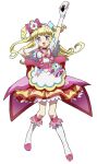  1girl :d arm_up blonde_hair blue_bow boots bow commentary_request cosplay cure_precious cure_precious_(cosplay) delicious_party_precure dress edamame_(buruburu) flower food food_on_face frilled_dress frills full_body gloves hair_bow hair_flower hair_ornament hairband hand_on_own_cheek hand_on_own_face hand_up highres holding holding_food idol_time_pripara knee_boots kneehighs long_hair looking_at_viewer magical_girl onigiri open_mouth pink_bow pink_dress precure pretty_(series) pripara purple_eyes rice_cooker ringlets simple_background smile socks solo standing takki_(pripara) two_side_up white_background white_flower white_footwear white_gloves white_hairband yumekawa_yui 
