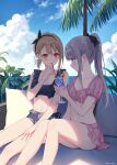  2girls bikini black_hairband blue_eyes blue_sky blush bow breasts brown_hair cleavage cloud collarbone cup day drinking_glass drinking_straw early_blooming_black_lily fukahire_(ruinon) grey_hair hair_bow hairband holding long_hair looking_at_another multiple_girls navel oomiya_ltuki outdoors palm_tree pink_bikini ponytail puffy_sleeves red_eyes sasamori_hana short_sleeves sitting skirt sky smile swimsuit tree yuri 