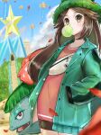  1girl balloon black_shorts blue_sky brown_eyes brown_hair bubble_blowing chewing_gum cloud day fangs gradient_eyes green_headwear green_jacket hair_flaps hand_in_pocket jacket leaf_(pokemon) leaf_(sygna_suit)_(pokemon) long_hair multicolored_eyes open_clothes open_jacket pink_shirt pokemon pokemon_(game) pokemon_masters_ex red_eyes setta_shu shirt shorts sky stairs star_(symbol) venusaur 