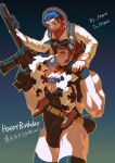  2boys absurdres animal_ears bara bimigoto_isamu_(omedemidori) black_gloves black_leotard blue_hair brown_hair carrying couple english_text facial_hair fake_animal_ears gloves gun happy_birthday highres holding holding_gun holding_weapon iwatani_uruo_(omedemidori) large_pectorals leotard long_sideburns looking_at_another male_focus male_playboy_bunny multiple_boys muscular muscular_male omedemidori original pectorals rabbit_boy rabbit_ears rabbit_tail short_hair shoulder_carry sideburns smile stubble tail weapon yaoi 