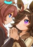  2girls absurdres ahoge animal_ears black_jacket blue_eyes blush bow_hairband brown_dress brown_hair closed_mouth dress eye_contact hair_over_one_eye hairband highres holding_hands horse_ears jacket long_hair long_sleeves looking_at_another mihono_bourbon_(umamusume) multiple_girls purple_eyes rice_shower_(umamusume) roppaku smile tearing_up umamusume upper_body 