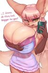  anthro big_breasts bra breasts canid canine cellphone cleavage clothed clothing dress female fox holding_cellphone holding_object holding_phone huge_breasts mammal phone solo thefuckingdevil underwear 