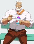  1boy bara beard belt bench blue_eyes brown_pants dark-skinned_male dark_skin facial_hair food highres holding holding_food jp_(street_fighter) large_pectorals long_hair male_focus mature_male muscular muscular_male mustache necktie old old_man pants pectorals ponytail sa1k0p shaved_ice shirt sitting sitting_on_bench sleeves_rolled_up solo street_fighter street_fighter_6 sweatdrop thick_eyebrows thick_mustache veins white_background white_hair white_shirt 