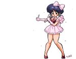  1girl bow breasts cleavage full_body gloves idol medium_breasts microphone music pink_bow pink_gloves ranma_1/2 short_hair simple_background singing solo tendou_akane thighs wanta_(futoshi) white_background 