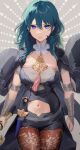  1girl armor black_armor blue_eyes blue_hair breasts byleth_(female)_(fire_emblem) byleth_(fire_emblem) closed_mouth clothing_cutout expressionless fire_emblem fire_emblem:_three_houses hair_between_eyes haru_(nakajou-28) highres holding holding_sword holding_weapon large_breasts long_hair looking_at_viewer medium_hair navel_cutout pantyhose pantyhose_under_shorts patterned_legwear shorts solo sword sword_of_the_creator weapon 