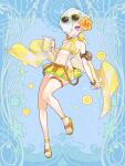  1girl :d armlet blue_background breasts brown_bracelet cape dairoku_ryouhei eyewear_on_head flower food fruit full_body hair_flower hair_ornament hair_over_one_eye lemon lemon_slice lemonade looking_at_viewer navel omuneko_(tw) purple_eyes sandals short_hair skirt small_breasts smile solo sunglasses suspenders thigh_strap varya_snezkova white_hair yellow_cape 