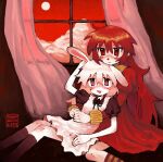  2girls animal_ears blush cloud clown_nose cumulonimbus_cloud curtains dress fang highres hug hug_from_behind long_hair multiple_girls on_floor original rabbit_ears red_dress red_eyes red_hair red_sky red_theme sitting sky socks striped striped_socks sunny_waifu surreal very_long_hair window 