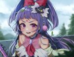  1girl ascot black_headwear blue_sky blurry blurry_background brooch broom commentary cure_magical day depth_of_field dirty dirty_face dress hat highres izayoi_liko jewelry jikai_ing leaf leaf_on_head long_hair looking_at_viewer magical_girl mahou_girls_precure! mini_hat mini_witch_hat outdoors pink_dress pink_eyes precure purple_hair red_ascot short_ponytail sky sleeveless sleeveless_dress solo sweatdrop tilted_headwear wind witch_hat 