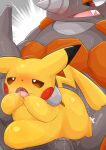  &lt;3 &lt;3_eyes abdominal_bulge absurd_res ambiguous_penetration anthro biped blush bodily_fluids brown_eyes duo female generation_1_pokemon generation_4_pokemon grey_body hands_behind_back hi_res male male/female nintendo orange_body penetration pikachu pokemon pokemon_(species) rhyperior sex size_difference sweat type yellow_body 