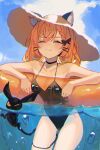  absurdres animal_ear_fluff animal_ears black_bow black_choker black_one-piece_swimsuit blonde_hair blush bow cat_ears choker closed_eys ears_through_headwear hair_bow hat highres in_water long_hair low_twintails lucie_(millie_parfait) millie_parfait naokomama nijisanji nijisanji_en one-piece_swimsuit sun_hat swimsuit twintails virtual_youtuber 