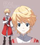  1boy animal blonde_hair character_name decoponmagi dog final_fantasy final_fantasy_xvi frilled_sleeves frills full_body grey_wolf holding holding_animal joshua_rosfield looking_at_viewer puppy simple_background wolf 
