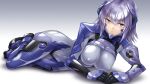  1girl armored_bodysuit blue_bodysuit blue_eyes bodysuit character_request covered_navel covered_nipples fortified_suit grey_background highres impossible_bodysuit impossible_clothes kurione_(zassou) looking_at_viewer lying muv-luv muv-luv_alternative muv-luv_total_eclipse purple_hair shiny_clothes short_hair solo 