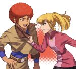  1boy 1girl afro anger_vein angry belt blonde_hair blue_eyes blue_shirt brown_belt brown_jacket brown_pants clothes_grab commentary_request cosmo_yuki cropped_jacket densetsu_kyojin_ideon highres jacket jacket_grab kasha_imhof kogetoriten_999 long_sleeves looking_at_another open_mouth pants pink_shirt red_hair shirt teeth twintails upper_teeth_only v-shaped_eyebrows 