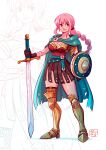  1girl absurdres armor armored_boots bandages belt boots braid breasts buckler cape commentary english_commentary gladiator gladiatrix gloves green_belt green_cape highres holding holding_shield holding_sword holding_weapon leotard long_hair looking_at_viewer medium_breasts multi-tied_hair one_piece pink_eyes pink_hair rebecca_(one_piece) red_leotard redesign scale_armor shield shin_guards shuravf smile solo sword torn_cape torn_clothes weapon 