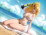  1girl abs adjusting_eyewear aviator_sunglasses beach big_hair black_panties blonde_hair breasts chestnut_mouth cleavage cloud cloudy_sky collarbone commentary day dutch_angle english_commentary full_body high_ponytail highres hymin large_breasts legs_together long_hair looking_at_viewer mechanical_arms navel no_bra ocean open_mouth panties purple_eyes rwby single_mechanical_arm sitting sky solo strap_slip sunglasses tank_top thighs toned towel underwear white_tank_top yang_xiao_long yokozuwari 