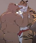  2023 anthro arufina_w bear blush brown_body bulge butt clothing duo felid hand_holding hi_res humanoid_hands kemono kissing male male/male mammal muscular muscular_male pantherine slightly_chubby tiger underwear white_body 