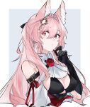  1girl animal_ear_fluff animal_ears arknights ascot bikini black_bikini black_gloves blue_background border breasts cleavage commentary corsage cropped_torso earrings flower gloves hair_intakes hair_ornament hand_up highres jewelry long_hair looking_at_viewer medium_breasts pink_eyes pink_hair pozyomka_(arknights) rose simple_background solo swimsuit upper_body white_ascot wolf_ears wolf_girl yakota_(usuk-yako) 