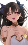  1girl absurdres armlet bikini black_hair blush breasts cleavage collarbone earrings fate/grand_order fate_(series) gold_trim hair_ribbon highres hoop_earrings ishtar_(fate) jewelry kurozawa_yui long_hair looking_at_viewer medium_breasts neck_ring open_mouth parted_bangs red_eyes ribbon smile solo swimsuit two_side_up 