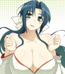  1girl blue_hair breasts cleavage dress green_eyes hair_between_eyes huge_breasts minato_subaru nitroplus official_art ookuma_nekosuke ribbon solo soukou_akki_muramasa upper_body white_dress white_ribbon 