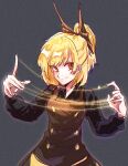  1girl blonde_hair bow brown_bow brown_dress brown_eyes closed_mouth commentary dress grey_background hair_bow highres jikokenjiyoku_1 kurodani_yamame long_sleeves looking_at_viewer ponytail short_hair silk simple_background smile solo spider_web touhou upper_body 