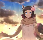  1girl animal_ears breasts brown_hair brown_scarf cleavage closed_mouth cloud cloudy_sky flower hair_flower hair_ornament haraiku_(show_by_rock!!) highres looking_at_viewer mel6969 multicolored_hair pink_flower pink_hair scarf short_hair show_by_rock!! sky smile solo squirrel_ears squirrel_girl sunset tank_top white_tank_top 