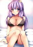  1girl bed black_bra black_panties blush bow bra breasts cleavage closed_mouth collarbone commentary_request crescent crescent_hair_ornament hair_bow hair_ornament knees_up large_breasts long_hair no_headwear paid_reward_available panties patchouli_knowledge purple_eyes purple_hair red_bow ryokushiki_(midori-ya) sitting smile solo touhou underwear underwear_only 