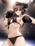  1girl bare_arms bare_shoulders bikini black_bikini black_bow black_hair bow boxing_gloves breasts commission cowboy_shot english_commentary gigamessy hair_bow highres indoors large_breasts long_hair looking_at_viewer navel original parted_lips red_eyes solo standing stomach swimsuit 