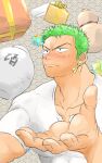  1boy bara birthday blush bottle box foreshortening fugur6_fugur9 gift gift_box green_hair highres large_pectorals looking_ahead male_focus muscular muscular_male one_piece outstretched_hand partially_unbuttoned pectoral_cleavage pectorals roronoa_zoro sake_bottle sanpaku scar scar_across_eye shirt short_hair solo t-shirt tsurime upper_body v-shaped_eyebrows 