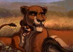  ambiguous_gender black_body black_fur brown_body detailed_background digital_media_(artwork) disney duo eye_scar eyes_closed facial_scar fan_character felid female feral fur hi_res kombat300 lion mammal open_mouth orange_eyes outside pantherine plant scar smile tail teeth teeth_showing the_lion_king tongue young 