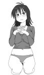  1girl antenna_hair blush breasts character_request cleavage closed_mouth collarbone copyright_request embarrassed full_body greyscale highres huge_breasts interlocked_fingers kona_ming long_sleeves looking_at_viewer medium_hair monochrome navel no_pants own_hands_together panties seiza shirt simple_background sitting solo spiked_hair underwear wavy_mouth white_background 