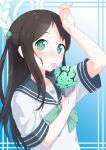  1girl airi_(blue_archive) blue_archive blue_background blush bow bowtie brown_hair commentary_request fingernails food food-themed_hair_ornament green_bow green_bowtie green_eyes grey_sailor_collar hair_ornament halo highres ice_cream ice_cream_cone ice_cream_hair_ornament jakomurashi laurel_crown long_hair looking_at_viewer medium_bangs mint_chocolate parted_bangs sailor_collar school_uniform serafuku shirt short_sleeves solo tongue tongue_out upper_body white_shirt 