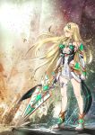  1girl absurdres bare_shoulders blonde_hair breasts cleavage closed_mouth collarbone commentary_request dress elbow_gloves floating_hair gloves headpiece highres holding holding_weapon long_hair medium_breasts mythra_(xenoblade) red_eyes shoes sofusan1526 solo standing very_long_hair weapon weapon_request white_dress white_footwear white_gloves xenoblade_chronicles_(series) xenoblade_chronicles_2 