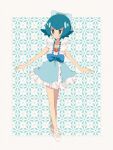  1girl alternate_costume aqua_eyes aqua_hair ballerina ballet_slippers bare_arms blush border bow bright_pupils closed_mouth commentary_request freckles frills full_body hair_bow lana_(pokemon) looking_down mizu_majuu_(waterman10) no_sclera pokemon pokemon_(game) pokemon_sm short_hair skirt smile solo vest white_border white_footwear white_pupils white_vest 