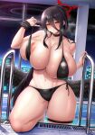  1girl bare_shoulders bikini bikini_pull black_bikini black_choker black_hair black_wings blue_archive blush breasts breath choker cleavage clothes_pull collar collarbone covered_nipples curvy feathered_wings hair_between_eyes hair_ribbon halo hasumi_(blue_archive) heavy_breathing highres holding huge_breasts kanno_takanori large_wings long_hair looking_at_viewer low_wings micro_bikini mole mole_under_eye navel nipple_slip nipples ponytail pool pool_ladder poolside red_eyes red_halo rei_no_pool revision ribbon side-tie_bikini_bottom sidelocks skindentation smile solo stomach swimsuit thick_thighs thighs very_long_hair water wet wide_hips wings 