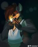  abstract_background absurd_res anthro brown_body brown_fur bush_dog canid canine cigarette clothing fire fur hi_res lighter male mammal saeki_(viola_bat) shirt smoking smoking_cigarette solo tank_top topwear viola_bat 