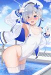  1girl adapted_costume amane_kanata amane_kanata_(3rd_costume) armpits blue_eyes blue_hair blue_sky blush breasts cloud collarbone commentary covered_navel eyes_visible_through_hair gloves grey_hair hair_over_one_eye half_gloves hands_up highleg highleg_swimsuit highres hololive jacket kachikachipiroo leaning_forward long_hair long_sleeves looking_at_viewer multicolored_hair official_alternate_costume one-piece_swimsuit open_clothes open_jacket open_mouth outdoors pink_hair short_hair sky small_breasts smile solo streaked_hair swimsuit teeth thighhighs upper_teeth_only virtual_youtuber wading wet white_gloves white_headwear white_jacket white_one-piece_swimsuit white_thighhighs 