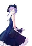  1girl arms_behind_back bare_shoulders blue_dress blue_eyes blush braid breasts coffeekite dress fate/extra fate/extra_ccc fate/grand_order fate_(series) french_braid hair_ornament highres long_hair looking_at_viewer meltryllis_(fate) purple_hair small_breasts smile solo 