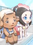  2girls animal_ears black_hair blue_eyes blue_sky breasts brown_eyes cleavage cow_ears dark-skinned_female dark_skin day furry furry_female highres horns kudan_(youkai_watch) long_hair multiple_girls ningyo_(youkai_watch) open_mouth outdoors pointy_ears school_swimsuit sitting sky swimsuit tory_(tory29) youkai_watch 