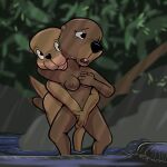  anthro beaver black_nose breast_grab breasts brown_body brown_fur buckteeth covering covering_crotch duo female female/female fur hand_on_breast lisa_(study_partners) mammal mustelid navel nipples otter outside partially_submerged rodent sarah_(study_partners) study_partners tail teeth thunderouserections wet 