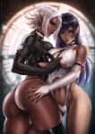  2girls artist_name bare_shoulders bell black_bustier black_collar black_gloves black_hair black_nails black_panties black_shirt black_thighhighs blue_eyes blurry blurry_background breasts clothing_cutout collar crop_top cross-laced_leotard dandon_fuga dark-skinned_female dark_elf dark_skin earrings elbow_gloves elf gloves hand_on_another&#039;s_ass hand_on_another&#039;s_neck heart_o-ring highres jewelry large_breasts latex latex_thighhighs leotard long_hair multiple_girls navel_cutout original panties pointy_ears red_ribbon ribbon shirt short_hair thighhighs underboob underwear white_bridal_gauntlets white_collar white_hair white_leotard yellow_eyes yuri 