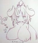  1girl azusa_(granblue_fantasy) blush breasts closed_mouth collarbone commentary_request draph granblue_fantasy highres horns huge_breasts long_hair monochrome nipples nude pointy_ears ponytail solo traditional_media tsukareta_san upper_body 