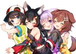  4girls animal_ear_fluff animal_ears baseball_cap black_hair black_hoodie black_serafuku black_skirt blush brown_hair cat_ears closed_eyes commentary dark-skinned_female dark_skin dog_ears dog_girl dog_tail glomp group_hug hat highres hololive hood hoodie hug hug_from_behind inugami_korone inugami_korone_(1st_costume) jacket long_hair multicolored_hair multiple_girls nekomata_okayu nekomata_okayu_(1st_costume) ookami_mio ookami_mio_(1st_costume) oozora_subaru oozora_subaru_(1st_costume) purple_hair red_hair school_uniform serafuku shirt short_hair sideways_hat simple_background skirt smile smok_(hololive) streaked_hair striped striped_shirt tail takumin_dx upper_body vertical-striped_shirt vertical_stripes virtual_youtuber white_background wolf_ears yellow_jacket yellow_skirt 