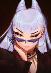  1girl anntan asymmetrical_bangs black_choker black_suit blue_eyeshadow business_suit center_opening choker claw_(weapon) close-up closed_mouth cone_hair_bun dark_background demon demon_girl diamond-shaped_pupils diamond_(shape) earrings evelynn_(league_of_legends) eyeshadow gold_earrings hair_bun hand_on_own_face highres hoop_earrings jewelry k/da_(league_of_legends) league_of_legends long_hair looking_at_viewer makeup necklace one_eye_closed pink_lips purple-tinted_eyewear rimless_eyewear solo suit symbol-shaped_pupils the_baddest_evelynn tinted_eyewear tooth_necklace weapon white_hair yellow_eyes 