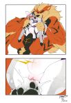  2_panel_comic abdominal_bulge absurd_res animal_genitalia animal_penis anthro anthro_on_anthro arcanine areola ball_tuft balls big_balls big_ears big_hands bite black_balls black_hair blush bodily_fluids breasts canine_genitalia canine_penis close-up clothing cum cum_in_pussy cum_inside deer dominant dominant_male emanata erection female flash_emanata generation_1_pokemon genital_fluids genitals grey_body grey_hair hair hi_res holding_both_legs hybrid interspecies knot larger_anthro larger_male lofiflavors male male/female mammal medium_breasts muscular muscular_anthro muscular_male nintendo nipples orange_body penetration penis pink_areola pink_nipples pokemon pokemon_(species) pussy sex sex_shot sharp_teeth shoulder_bite size_difference size_play smaller_anthro smaller_female teeth torn_clothing tuft vaginal vaginal_penetration winged_arms wings yogoat 