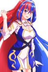  1girl alear_(female)_(divine_attire)_(fire_emblem) alear_(female)_(fire_emblem) alear_(fire_emblem) blue_eyes blue_hair breasts cleavage cleavage_cutout clothing_cutout crossed_bangs fire_emblem fire_emblem_engage hair_between_eyes heterochromia highres long_hair looking_at_viewer multicolored_hair open_mouth red_eyes red_hair ribbon smile solo split-color_hair tiara to_(tototo_tk) two-tone_hair very_long_hair white_background white_ribbon 