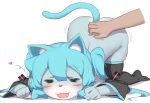  1girl :d abmayo animal_ears aqua_hair black_sleeves black_thighhighs closed_eyes detached_sleeves fang furry furry_female hatsune_miku highres long_hair open_mouth smile solo_focus tail thighhighs top-down_bottom-up twintails vocaloid 