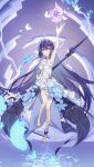  1girl animal arm_up armpits barefoot blue_butterfly blue_flower bug butterfly chest_tattoo closed_mouth flower full_body hair_between_eyes hair_flower hair_ornament highres holding holding_scythe holding_weapon honkai_(series) honkai_impact_3rd ktm_huna long_hair navel open_hand scythe seele_vollerei seele_vollerei_(herrscher_of_rebirth) smile solo tattoo very_long_hair weapon white_butterfly white_headwear 